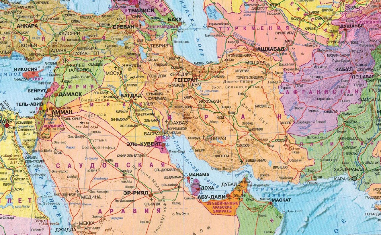Карта Ирана, Ирака, Сирии, Афганистана. . Ормузский пролив. Персидский залив. 