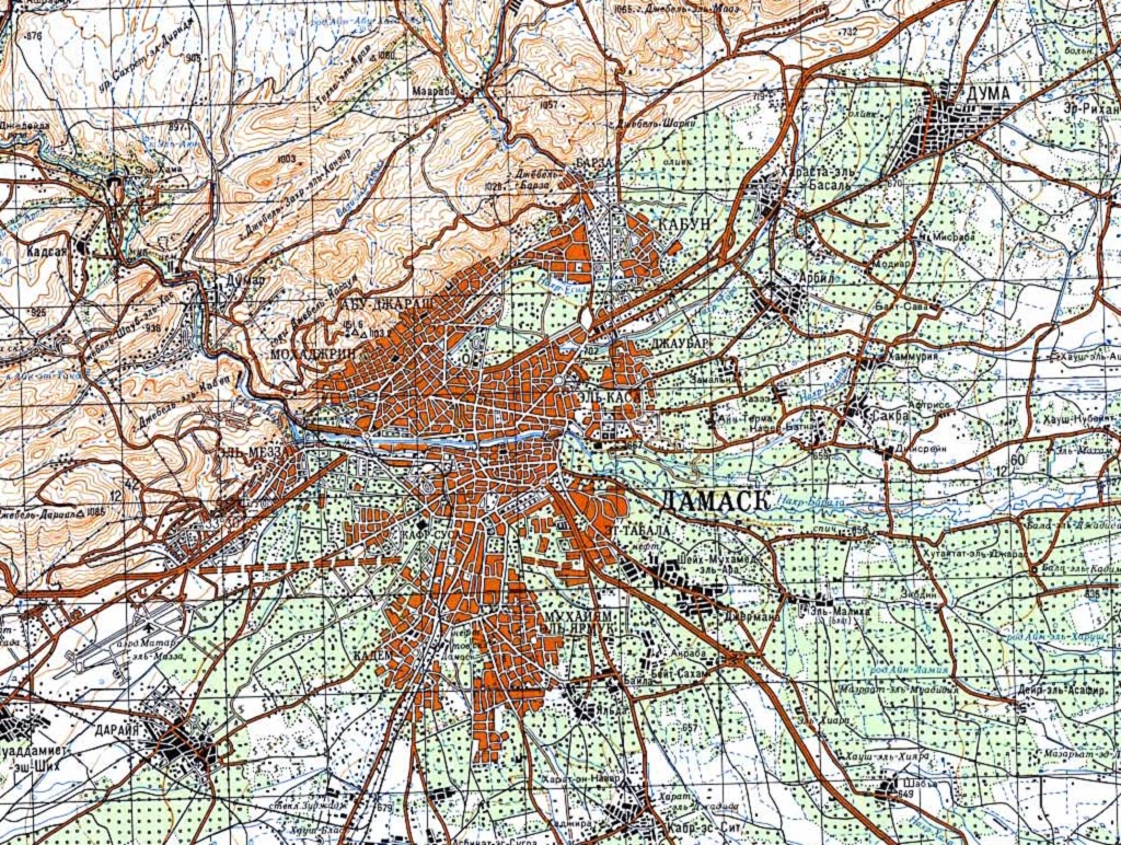 Карта окрестностей Дамаска. Столица Сирии 