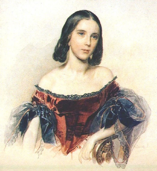 Портрет девушки в красном платье. Дамское платье 19 века. Фото. Фотография