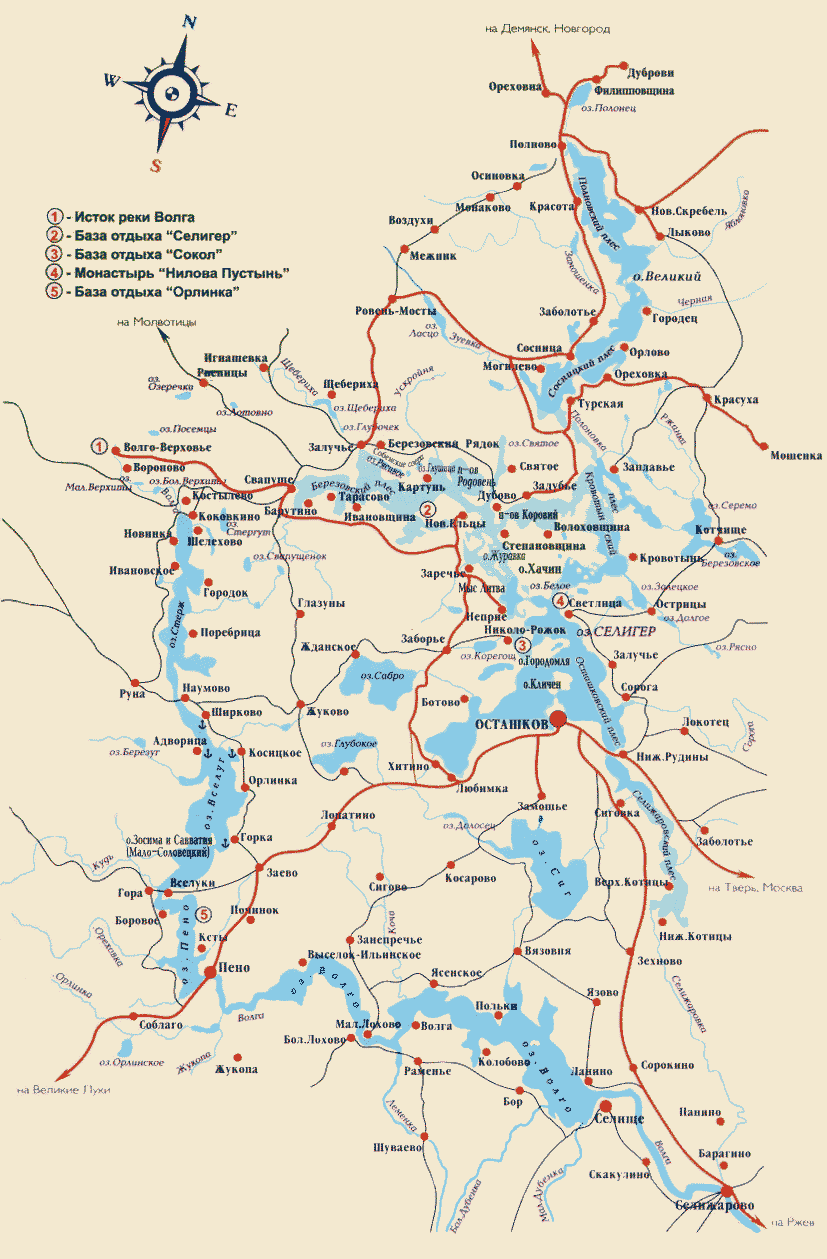 Карта автодорог озера Селигер. Карта Селигера